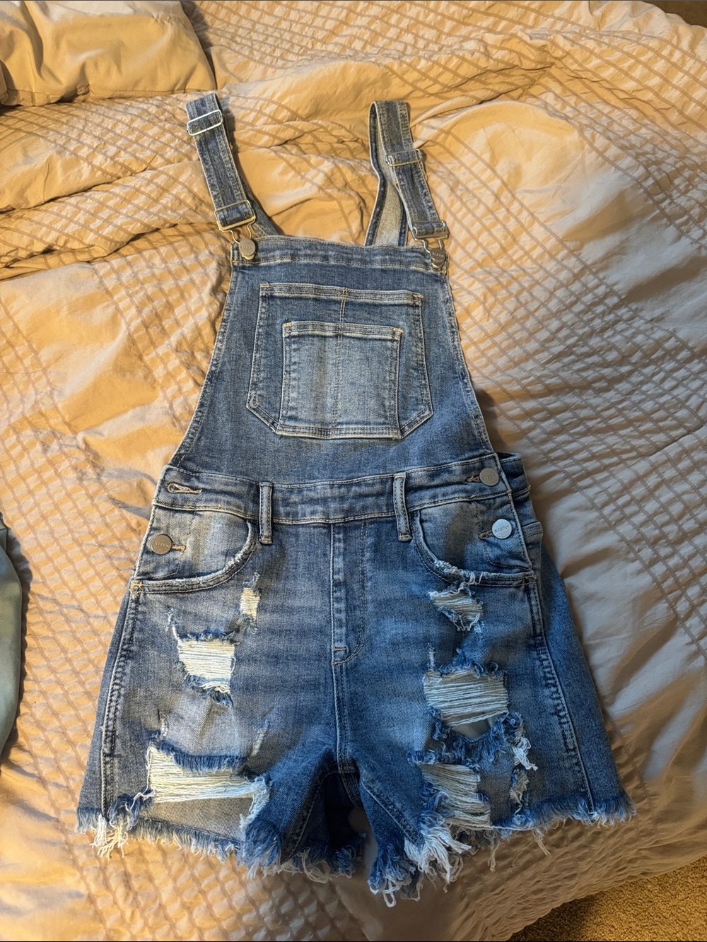 Denim Distressed Shortalls - Blue Women's Overalls